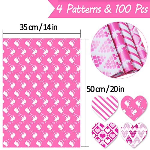 Bolsome 100 Sheets Valentines Day Tissue Paper, Hot Pink Love Heart Rose Red Stripe Cupid Arrow Tissue Paper for Valentine Gift Wrapping, Wedding Birthday Party DIY Art Craft Decoration, 14x20 inch