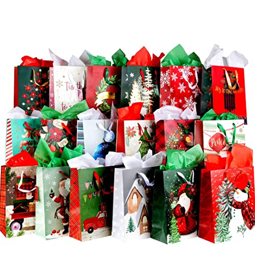 Bulk Christmas Gift Bags Large -18 Creative Elegant Designs- Large Christmas Bags for Gifts with Christmas Tissue Paper Gift Wrap-Holiday Gift Bags Bulk -Large Xmas Gift Bags-12.75"X10.25"X4.5" inches