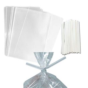100 clear treat & favor bags | ties included | great for cake pops, candy, gifts, wedding or party favors | food safe plastic | stronger than cellophane | 1.5 mils thickness | 5.75″ x 7.75″