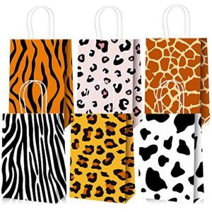 24 pieces jungle safari animal print treat bags with handles, leopard zebra giraffe tiger stripe cow print goodie bags safari party favor present bags for safari themed birthday party supplies