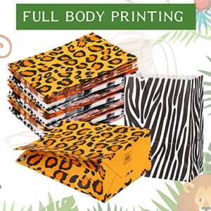 24 Pieces Jungle Safari Animal Print Treat Bags with Handles, Leopard Zebra Giraffe Tiger Stripe Cow Print Goodie Bags Safari Party Favor Present Bags for Safari Themed Birthday Party Supplies