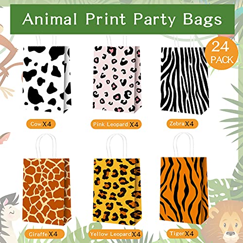 24 Pieces Jungle Safari Animal Print Treat Bags with Handles, Leopard Zebra Giraffe Tiger Stripe Cow Print Goodie Bags Safari Party Favor Present Bags for Safari Themed Birthday Party Supplies