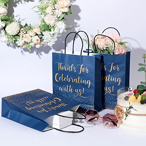 45 Pcs Wedding Welcome Bags for Hotel Guests Gold Foil Wedding Gift Bags with Handles Thanks for Celebrating with Us Paper Bags Medium Size Wedding Bags Bridal Gift Bags Baby Shower Favor (Dark Blue)