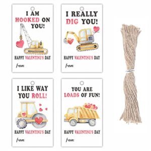 valentine’s day gift tag, construction theme valentine hang tags with strings(40 pack), happy valentine’s day gift wrapping decorations and supplies for boys girls(qrjdp-001)