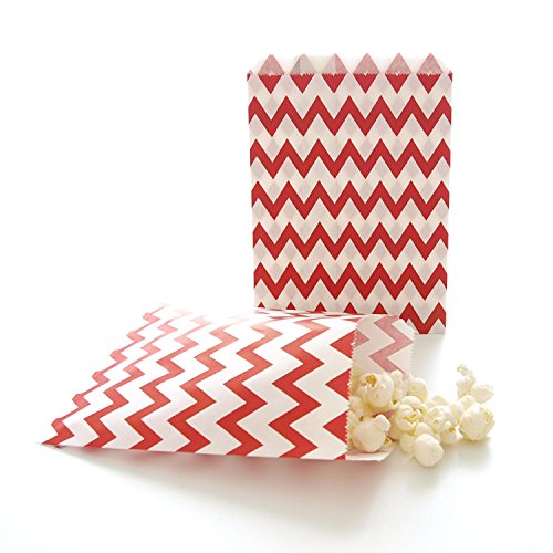 AKOAK 50 Pcs 5 x 7 Inches White and Red Wave Striped Paper Bags,Holiday Wedding Christmas Favor Candy Treat Bags