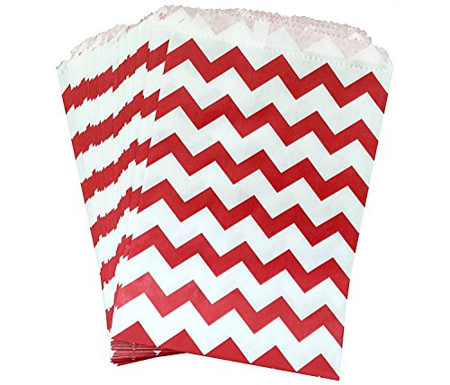 AKOAK 50 Pcs 5 x 7 Inches White and Red Wave Striped Paper Bags,Holiday Wedding Christmas Favor Candy Treat Bags