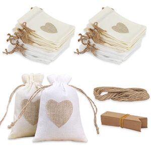 40pcs heart burlap bags with tags and string, hmieprs small drawstring party gift bags, linen pouches for jewelry pouches, coffee, diy craft bags, wedding favors party, valentine’s day, christmas(4 x 5.5 inch)