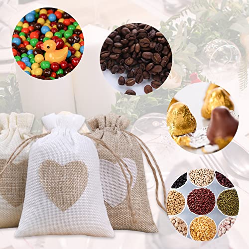 40Pcs Heart Burlap Bags with Tags and String, HMIEPRS Small Drawstring Party Gift Bags, Linen Pouches for Jewelry Pouches, Coffee, DIY Craft Bags, Wedding Favors Party, Valentine's Day, Christmas(4 x 5.5 Inch)