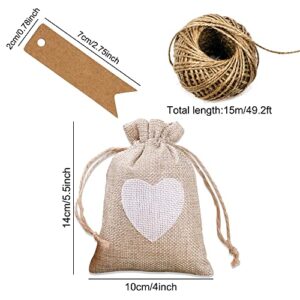 40Pcs Heart Burlap Bags with Tags and String, HMIEPRS Small Drawstring Party Gift Bags, Linen Pouches for Jewelry Pouches, Coffee, DIY Craft Bags, Wedding Favors Party, Valentine's Day, Christmas(4 x 5.5 Inch)