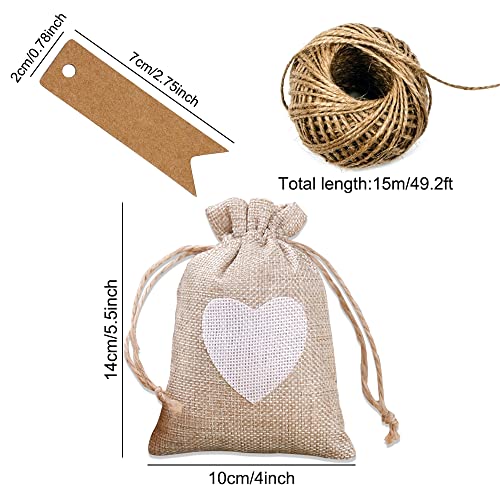 40Pcs Heart Burlap Bags with Tags and String, HMIEPRS Small Drawstring Party Gift Bags, Linen Pouches for Jewelry Pouches, Coffee, DIY Craft Bags, Wedding Favors Party, Valentine's Day, Christmas(4 x 5.5 Inch)