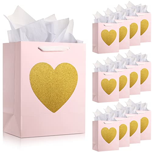 12 Pcs 13" Gift Bag with Tissue Paper Gold Glitter Heart for Wedding Valentine's Day Birthdays Bridal Showers Anniversaries Sweetest Day and More