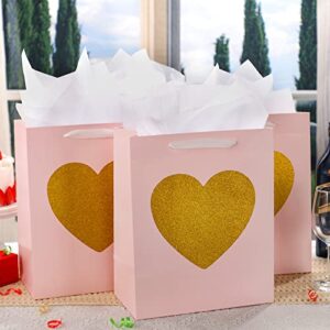 12 Pcs 13" Gift Bag with Tissue Paper Gold Glitter Heart for Wedding Valentine's Day Birthdays Bridal Showers Anniversaries Sweetest Day and More