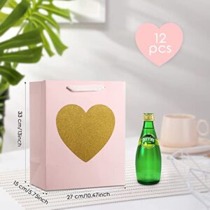12 Pcs 13" Gift Bag with Tissue Paper Gold Glitter Heart for Wedding Valentine's Day Birthdays Bridal Showers Anniversaries Sweetest Day and More