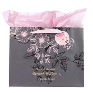 christian art gifts landscape gift bag and tissue paper set – strength and dignity – proverbs 31:25 inspirational bible verse, pink/grey floral, large