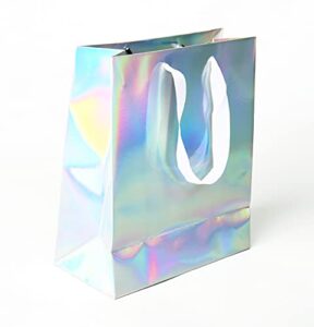 lidelazon iridescent party bags with handles (12 pack) holographic silver foil gift bags, treat bags, favor bags, party favors, favor gifts for guests, thank you bags, welcome bag