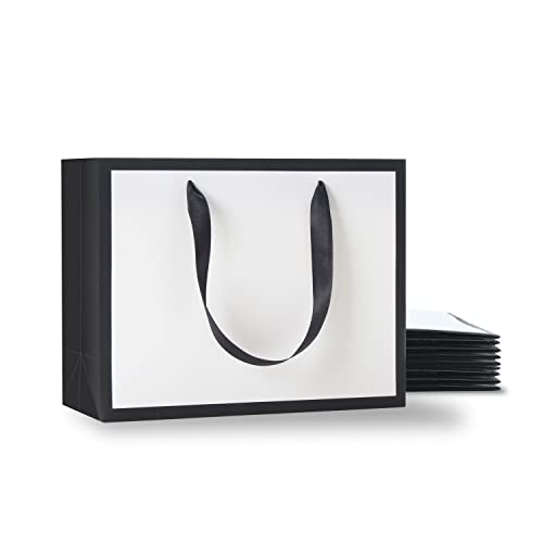 Black and White Gift Bags, YACEYACE 10Pcs 10.5"x4.25"x8" Medium Size Black and White Paper Gift Bags with Ribbon Handles, Wedding Bags,Retail Bags,Party Bags, Birthday Bags, Black Gift Bags Bulk White Gift Bags White Paper Shopping Bags