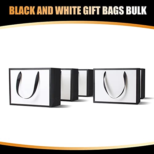 Black and White Gift Bags, YACEYACE 10Pcs 10.5"x4.25"x8" Medium Size Black and White Paper Gift Bags with Ribbon Handles, Wedding Bags,Retail Bags,Party Bags, Birthday Bags, Black Gift Bags Bulk White Gift Bags White Paper Shopping Bags