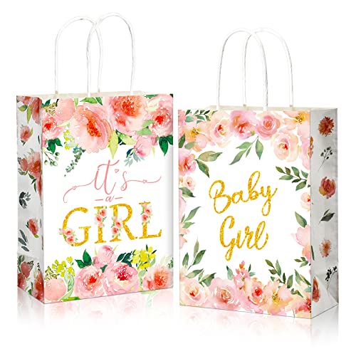 16 Pack Baby Shower Party Favor Bags Baby Shower Party Favors Baby Girl Treat Bags Floral Theme Pink Candy Goodie Bags Kraft Wrap Bags with Handles for Girls Baby Shower Party Decorations Supplies