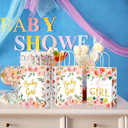 16 Pack Baby Shower Party Favor Bags Baby Shower Party Favors Baby Girl Treat Bags Floral Theme Pink Candy Goodie Bags Kraft Wrap Bags with Handles for Girls Baby Shower Party Decorations Supplies