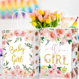 16 Pack Baby Shower Party Favor Bags Baby Shower Party Favors Baby Girl Treat Bags Floral Theme Pink Candy Goodie Bags Kraft Wrap Bags with Handles for Girls Baby Shower Party Decorations Supplies