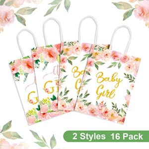 16 Pack Baby Shower Party Favor Bags Baby Shower Party Favors Baby Girl Treat Bags Floral Theme Pink Candy Goodie Bags Kraft Wrap Bags with Handles for Girls Baby Shower Party Decorations Supplies