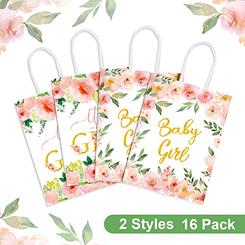 16 Pack Baby Shower Party Favor Bags Baby Shower Party Favors Baby Girl Treat Bags Floral Theme Pink Candy Goodie Bags Kraft Wrap Bags with Handles for Girls Baby Shower Party Decorations Supplies