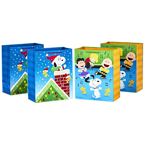 Hallmark Peanuts Christmas Gift Bag Bundle (4 Large 13" Gift Bags, 2 Designs) Snoopy, Woodstock, Charlie Brown and Friends