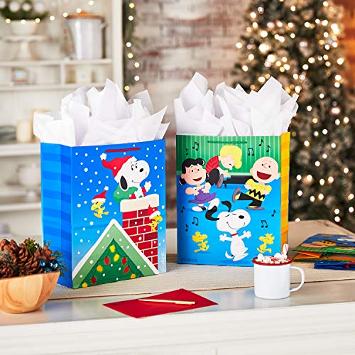 Hallmark Peanuts Christmas Gift Bag Bundle (4 Large 13" Gift Bags, 2 Designs) Snoopy, Woodstock, Charlie Brown and Friends