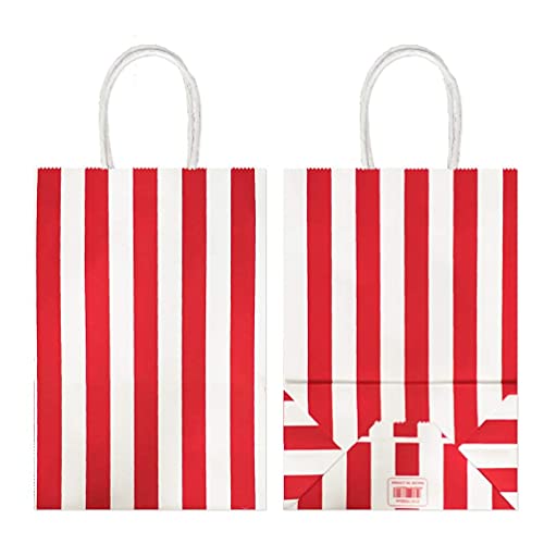 ADIDO EVA 12 PCS Striped Gift Bags Small Red Kraft Paper Bags with Handles for Party Favor Supplies (8.2 x 6 x 3.1 in)