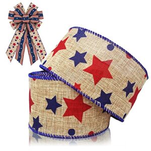 Patriotic Fabric Ribbons, Veteran's Day Decor Ribbon Patriotic Spots Stars Edge Wired Burlap Ribbon for Veterans Day Gift Wrapping Party Decoration Crafts Supplies, 2.5 Inch*10 Yards*1 Roll