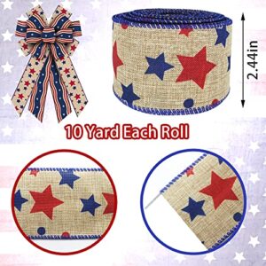 Patriotic Fabric Ribbons, Veteran's Day Decor Ribbon Patriotic Spots Stars Edge Wired Burlap Ribbon for Veterans Day Gift Wrapping Party Decoration Crafts Supplies, 2.5 Inch*10 Yards*1 Roll