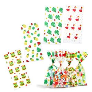 kesote 100 pieces hawaiian tropical cellophane treat bags, clear pineapple flamingo goodie candy snack bags bulk with twist ties for hawaiian tropical luau summer tiki bar party favor supplies