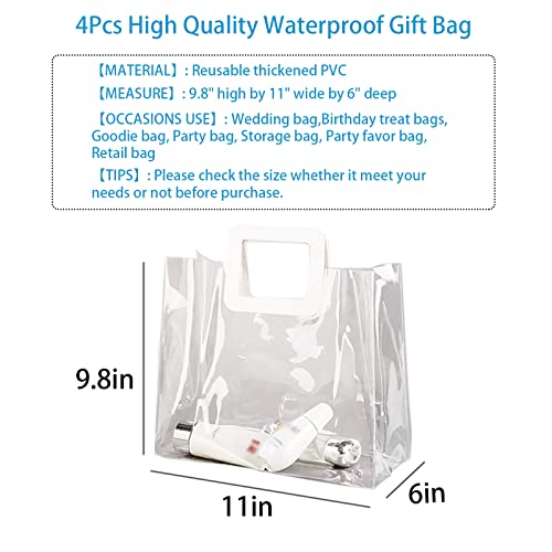 Clear Gift Bag with Handle, 4 Pcs Large Transparent PVC Gift Bag, Heavy Duty Reusable Gift Wrap Bags for Bridal Party, Baby Shower, Wedding Favor, Shopping Bag Bulk- 9.8"x6"x11"