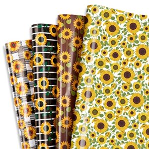 whaline 12 sheet sunflower wrapping paper 4 designs summer floral wrapping paper plaids stripe sunflower art paper for spring summer holiday birthday gift wrap diy craft decoration, 19.7 x 27.6 inch