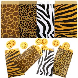 100 pieces jungle animal kraft paper bags leopard zebra giraffe print paper bags small flat plain paper treat bags for candy, cookies, merchandise, pens, party favors, 4 x 6 inches