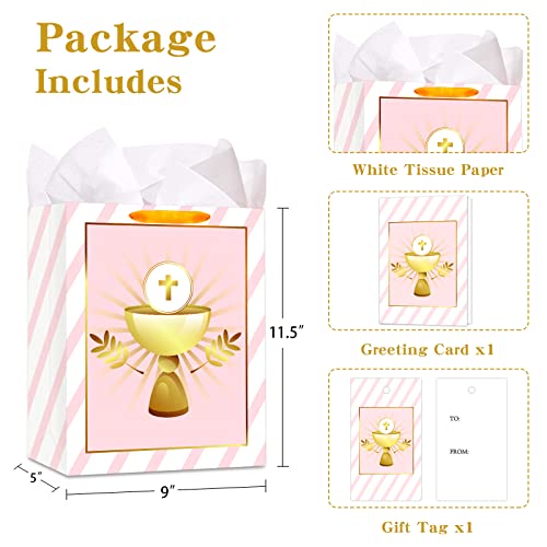 FaCraft First Communion Gift Bag for Kids Boys Girl 11" Baptism Gifts Bag with Handle Large Gift Bag with Tissue Paper for Christian Christenings Confirmations Religious Cross Gift Bags for Girl Boy