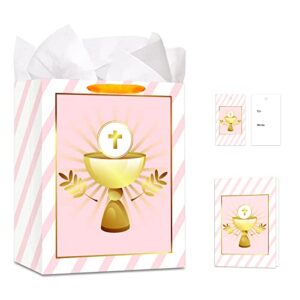 facraft first communion gift bag for kids boys girl 11″ baptism gifts bag with handle large gift bag with tissue paper for christian christenings confirmations religious cross gift bags for girl boy