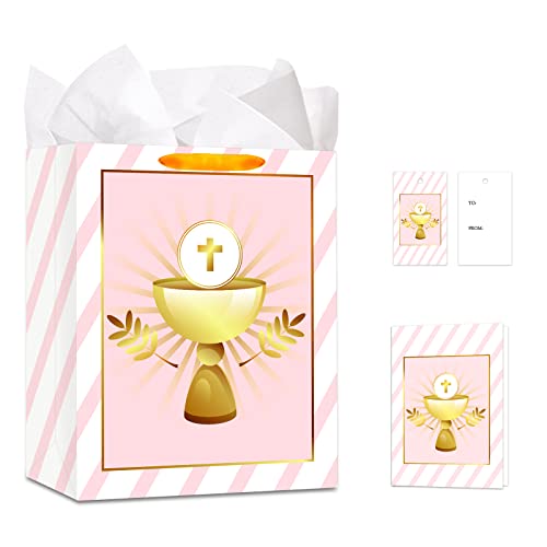 FaCraft First Communion Gift Bag for Kids Boys Girl 11" Baptism Gifts Bag with Handle Large Gift Bag with Tissue Paper for Christian Christenings Confirmations Religious Cross Gift Bags for Girl Boy