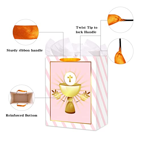 FaCraft First Communion Gift Bag for Kids Boys Girl 11" Baptism Gifts Bag with Handle Large Gift Bag with Tissue Paper for Christian Christenings Confirmations Religious Cross Gift Bags for Girl Boy