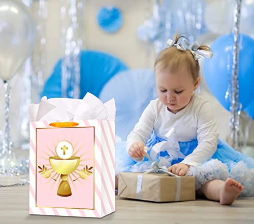 FaCraft First Communion Gift Bag for Kids Boys Girl 11" Baptism Gifts Bag with Handle Large Gift Bag with Tissue Paper for Christian Christenings Confirmations Religious Cross Gift Bags for Girl Boy