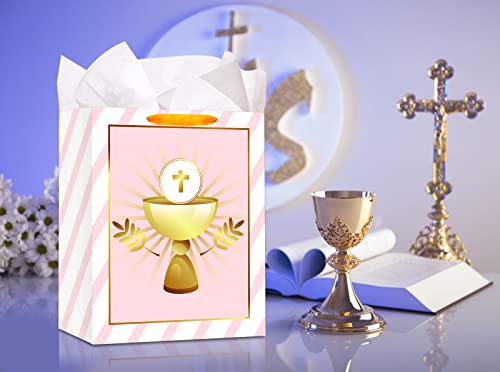 FaCraft First Communion Gift Bag for Kids Boys Girl 11" Baptism Gifts Bag with Handle Large Gift Bag with Tissue Paper for Christian Christenings Confirmations Religious Cross Gift Bags for Girl Boy