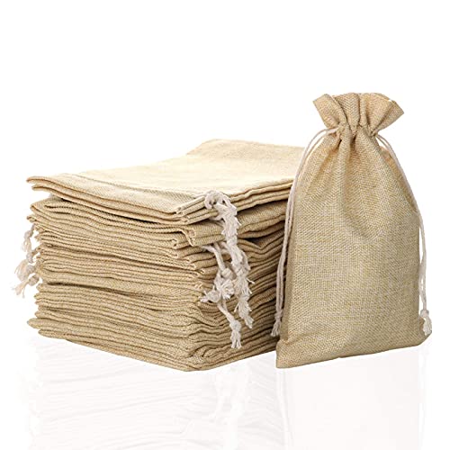 FLAIRYLAND 25 Pack 5" X 8" Linen Burlap Bags with Jute Drawstring for GiftBags Wedding Party Favors Jewelry Pouch, ChristmasBirthday Presents, Snack Sacks and DIY Craft Arts Projects, Brown