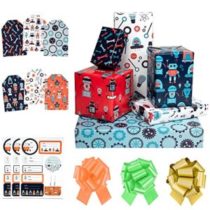 maypluss wrapping paper sheet set- folded flat – pull bows $ gift tags & stickers – 6 different robot design (45.2 sq. ft.ttl.) – 27.5 inch x 39.4 inch per sheet