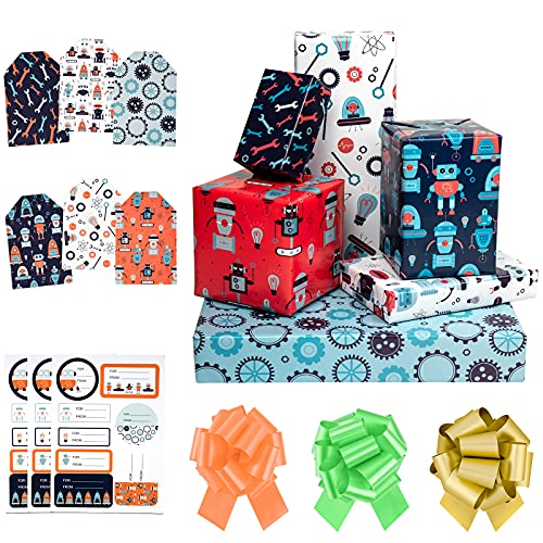 MAYPLUSS Wrapping Paper Sheet Set- Folded Flat - Pull Bows $ Gift Tags & Stickers - 6 Different Robot Design (45.2 sq. ft.ttl.) - 27.5 inch X 39.4 inch Per Sheet