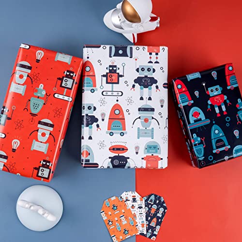 MAYPLUSS Wrapping Paper Sheet Set- Folded Flat - Pull Bows $ Gift Tags & Stickers - 6 Different Robot Design (45.2 sq. ft.ttl.) - 27.5 inch X 39.4 inch Per Sheet