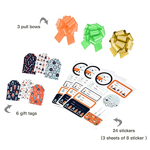 MAYPLUSS Wrapping Paper Sheet Set- Folded Flat - Pull Bows $ Gift Tags & Stickers - 6 Different Robot Design (45.2 sq. ft.ttl.) - 27.5 inch X 39.4 inch Per Sheet