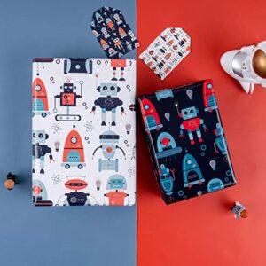 MAYPLUSS Wrapping Paper Sheet Set- Folded Flat - Pull Bows $ Gift Tags & Stickers - 6 Different Robot Design (45.2 sq. ft.ttl.) - 27.5 inch X 39.4 inch Per Sheet