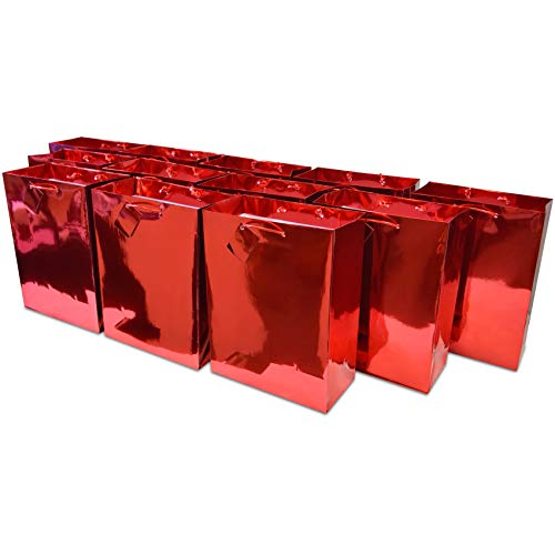 Large Red Gift Bags - 12 Pack Metallic Red Foil Gift Bags with Handles, Designer Paper Gift Wrap Euro Totes for Birthdays, Christmas, Valentines, Bachelorette, Holidays, Presents, Bulk – 10x5x13