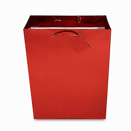 Large Red Gift Bags - 12 Pack Metallic Red Foil Gift Bags with Handles, Designer Paper Gift Wrap Euro Totes for Birthdays, Christmas, Valentines, Bachelorette, Holidays, Presents, Bulk – 10x5x13