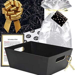 Gift Basket Making Kit and Supplies - Do It Yourself Diy Build Your Own Gift Basket Matching Supplies Market Tray Basket Cellophane Bag Shredded Crinkle Paper Ribbon Pull Bow (BLACK AND GOLD, X-LARGE)